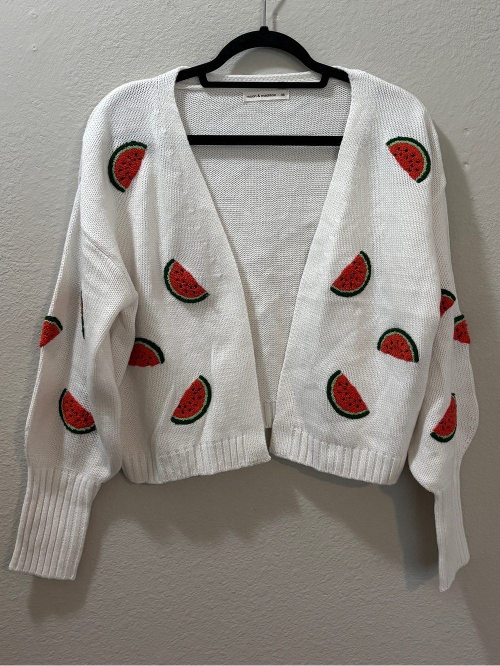 Moon & Madison Watermelon Embroidered Open Front Cardigan Sweater Size Medium